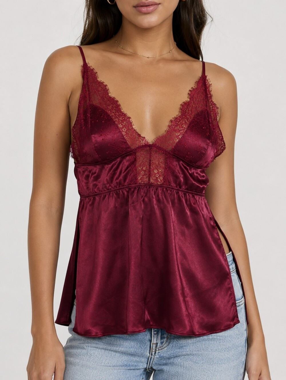 Victoria's Secret Satin Lace Babydoll Cami Top Side Slit Y2K Coquette Burgundy S